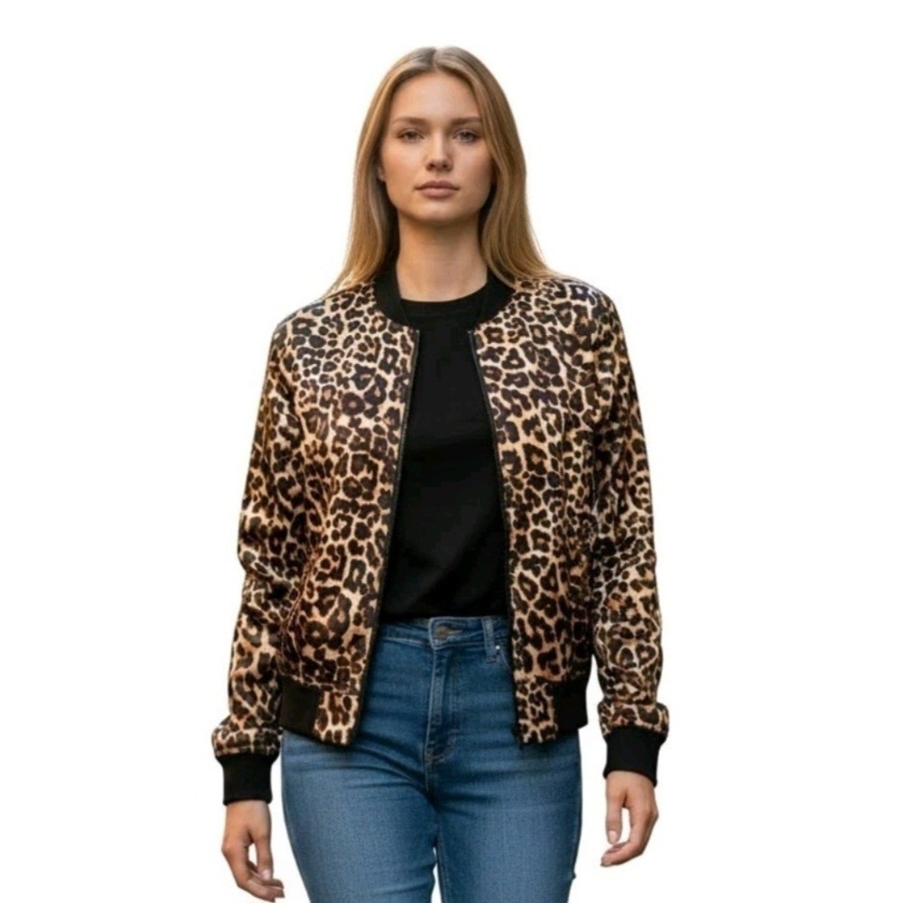 City Streets Leopard Print Bomber Style Windbreaker Jacket Satin Y2K Full Zip L